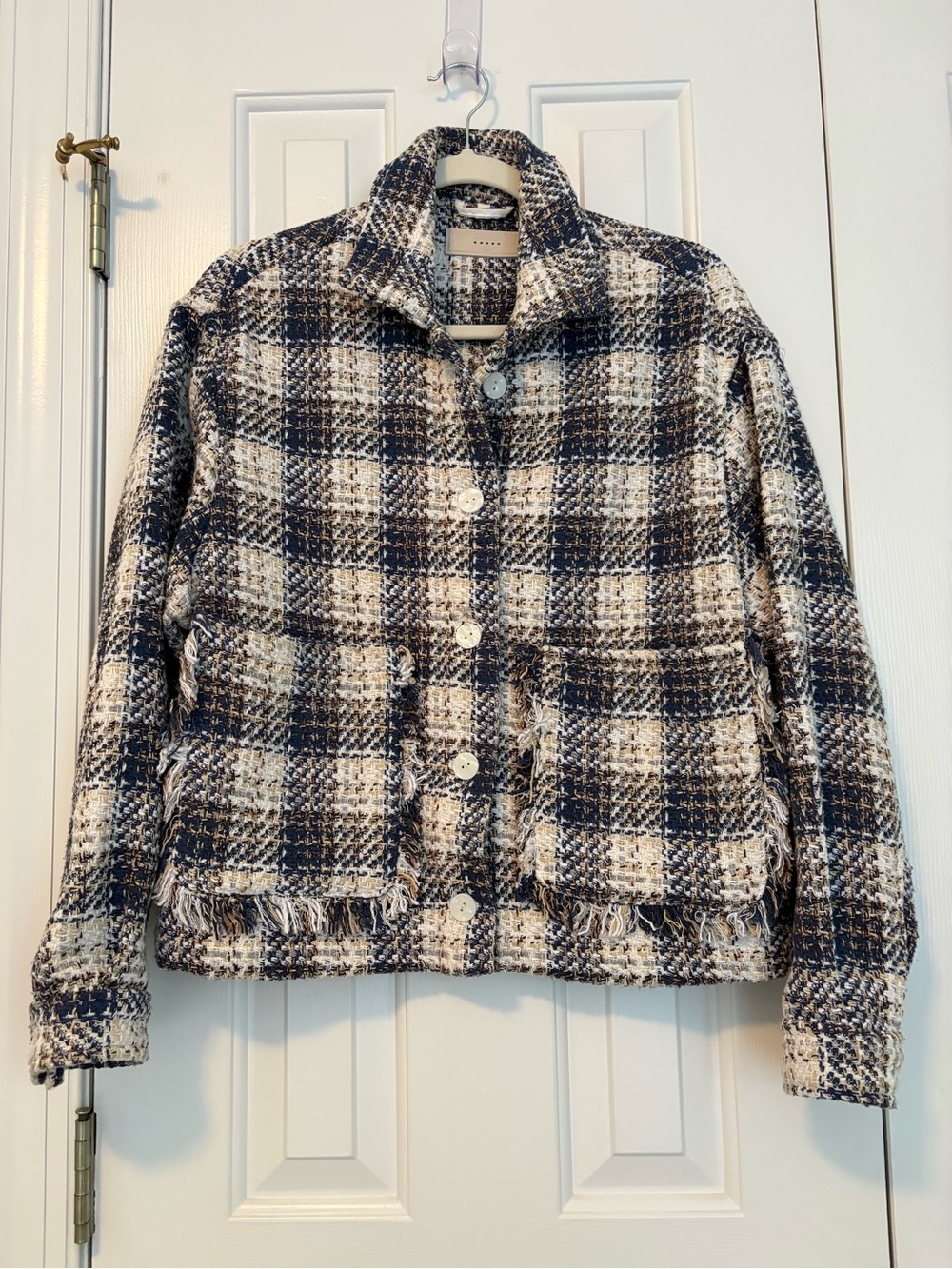 Blank NYC Navy and Cream Plaid Tweed Fringe Jacket